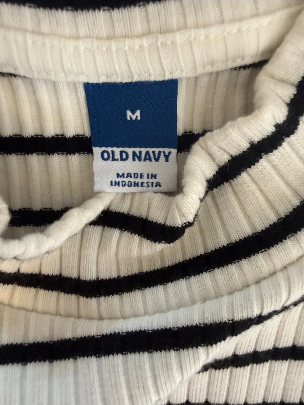 Old Navy Black and White Striped Ribbed Short Sleeve Mock Neck Top